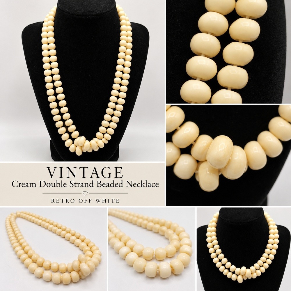 Vintage Cream Double Strand Beaded Necklace Retro Off White Costume Jewelry
